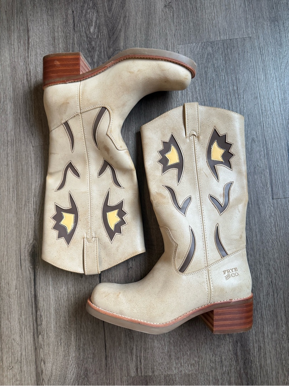 FRYE AND CO. Cream Tan Western Heeled Boots with Yellow Accents
